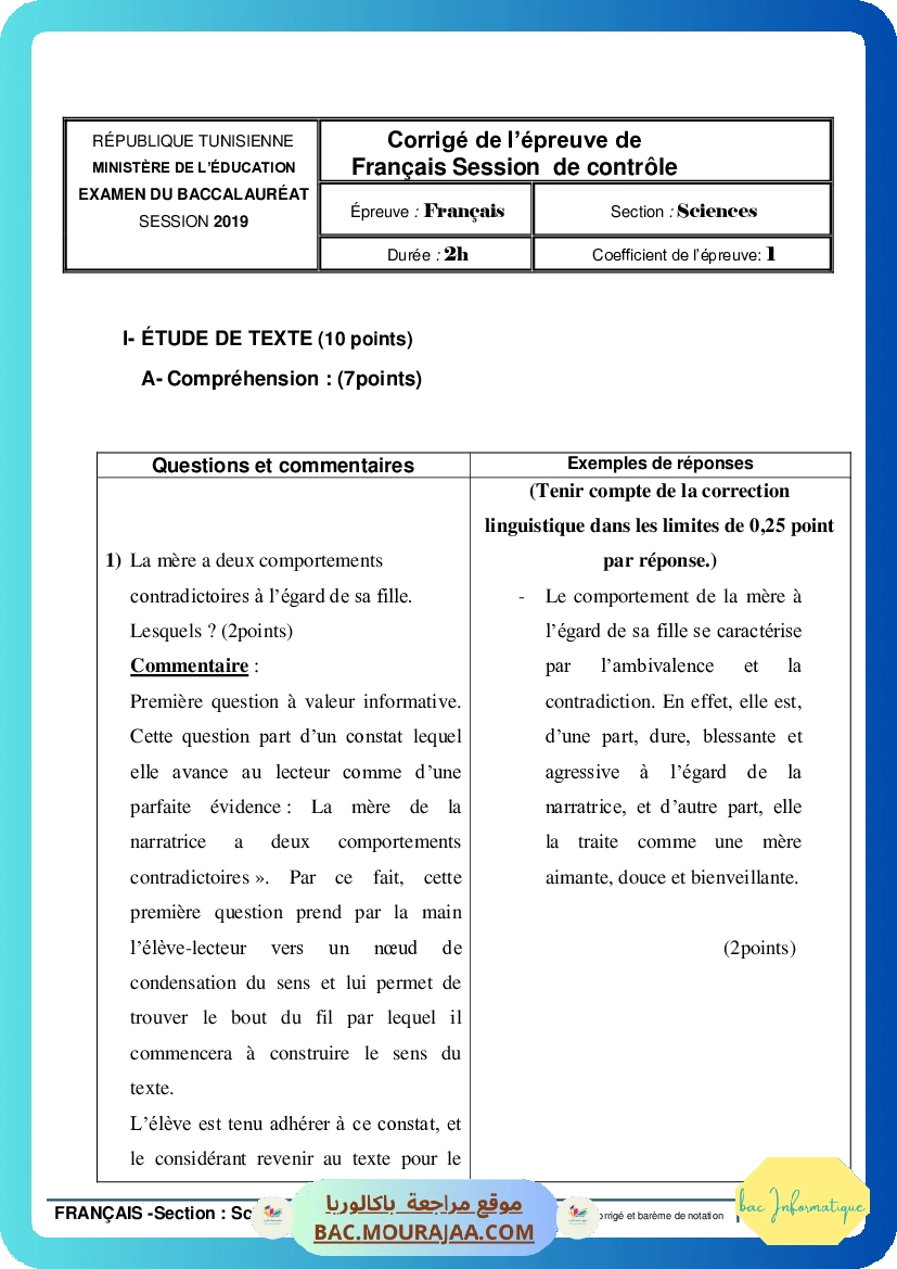 Corrigé controle francais Bac 2019 – Section info